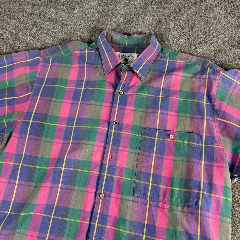Vintage 80s Passage Plaid Short Sleeve Button-Up‎ Shirt Large